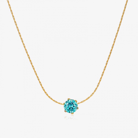 Picture of 1 Piece Eco-friendly PVD Vacuum Plating 304 Stainless Steel & Rhinestone Birthstone Crimpable Chain Necklace 18K Gold Plated Light Blue Round December With Lobster Claw Clasp And Extender Chain 41.5cm(16 3/8") long