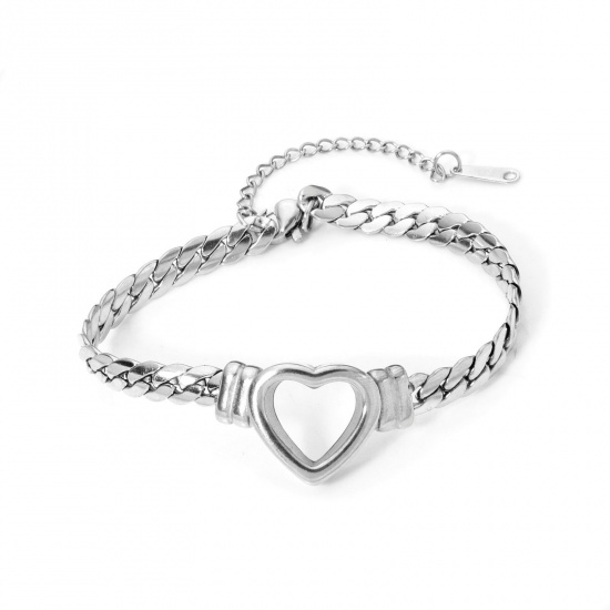 Immagine di 1 Piece 304 Stainless Steel Cuban Link Chain Bracelets Silver Tone Heart With Lobster Claw Clasp And Extender Chain 16.5cm(6 4/8") long