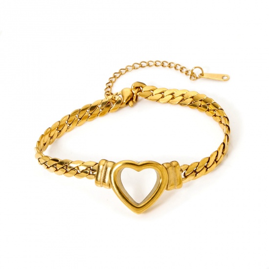 Immagine di 1 Piece Vacuum Plating 304 Stainless Steel Cuban Link Chain Bracelets 18K Gold Plated Heart With Lobster Claw Clasp And Extender Chain 16.5cm(6 4/8") long