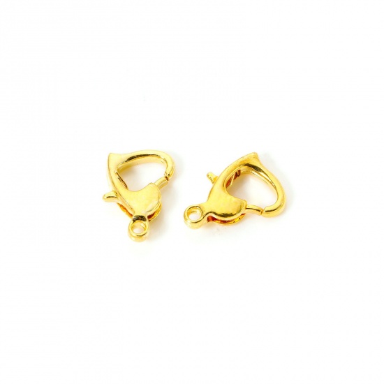 Picture of 10 PCs Eco-friendly Brass Lobster Clasp Findings Heart 18K Real Gold Plated 12mm x 8mm