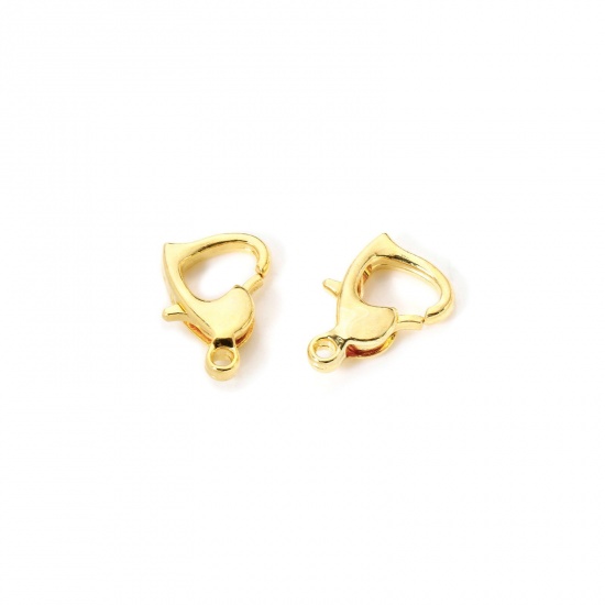 Picture of 10 PCs Eco-friendly Brass Lobster Clasp Findings Heart 14K Real Gold Plated 12mm x 8mm