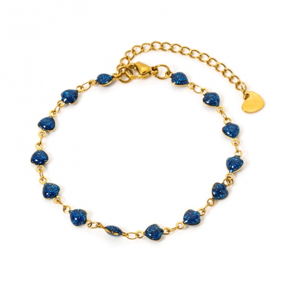 1 Piece Eco-friendly PVD Vacuum Plating 304 Stainless Steel Handmade Link Chain Bracelets 18K Real Gold Plated Blue Heart Enamel 17cm(6.7") long の画像