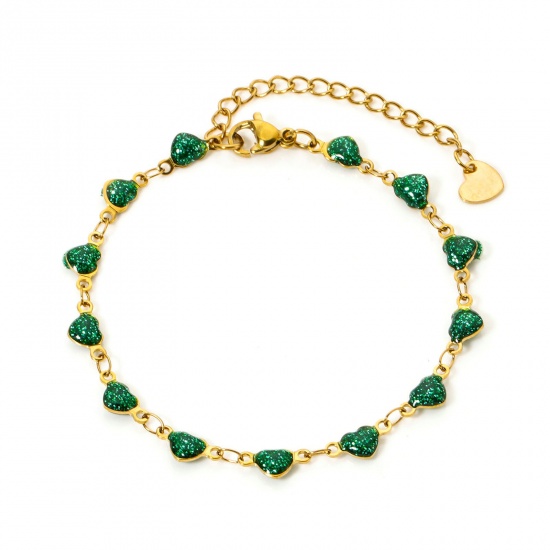 1 Piece Eco-friendly PVD Vacuum Plating 304 Stainless Steel Handmade Link Chain Bracelets 18K Real Gold Plated Green Heart Enamel 17cm(6.7") long の画像