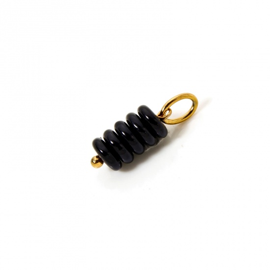 Image de 2 Pcs Breloques en Obsidienne Revêtement sous Vide PVD Respectueux de l'Environnement Abaque Plaqué Or Véritable 18K Noir 21mm x 6mm