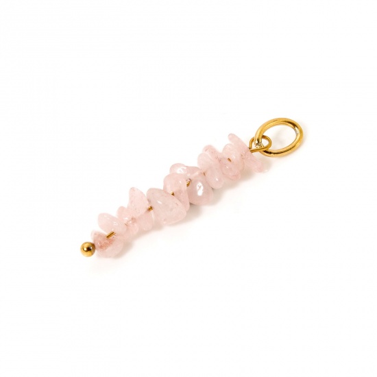 Bild von 2 Stück Umweltfreundliche PVD-Vakuumbeschichtung Rosenquarz Anhänger Unregelmäßig 18K Echtgold plattiert Hellrosa 3.1cm x 0.8cm