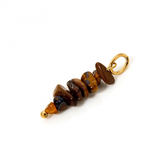 Bild von 2 Stück Umweltfreundliche PVD-Vakuumbeschichtung Tigerauge Anhänger Unregelmäßig 18K Echtgold plattiert Braun 3.1cm x 0.8cm