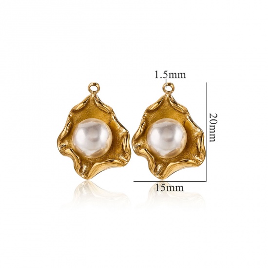 Picture of 1 Piece Eco-friendly PVD Vacuum Plating 304 Stainless Steel Charms 18K Gold Plated Lotus Leaf Shell Imitation Pearl 20mm x 15mm