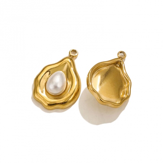 Picture of 1 Piece Eco-friendly PVD Vacuum Plating 304 Stainless Steel Charms 18K Gold Plated Drop Shell Imitation Pearl 22mm x 15mm