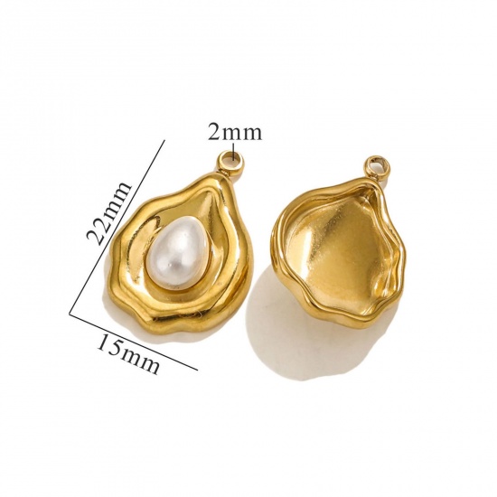 Picture of 1 Piece Eco-friendly PVD Vacuum Plating 304 Stainless Steel Charms 18K Gold Plated Drop Shell Imitation Pearl 22mm x 15mm