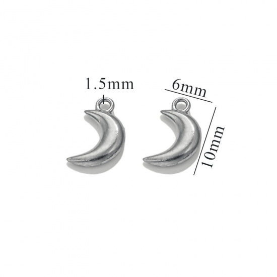 Picture of 5 PCs 304 Stainless Steel Mini Charms Silver Tone Half Moon 3D 11mm x 7mm