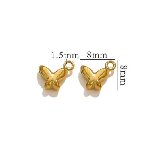 Bild von 5 Stück Umweltfreundliche PVD-Vakuumbeschichtung 304 Edelstahl Mini Charms Schmetterling 18K Vergoldet 3D 8mm x 8mm