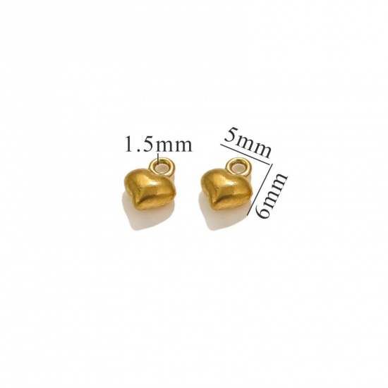 Bild von 5 Stück Umweltfreundliche PVD-Vakuumbeschichtung 304 Edelstahl Mini Charms Herz 18K Vergoldet 3D 7mm x 5.5mm