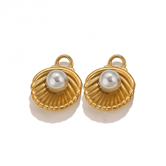 Picture of 1 Piece Eco-friendly PVD Vacuum Plating 304 Stainless Steel Charms 18K Gold Plated French Gray Shell Shell Imitation Pearl 18.5mm x 14mm
