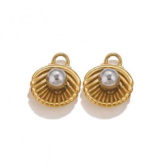 Picture of 1 Piece Eco-friendly PVD Vacuum Plating 304 Stainless Steel Charms 18K Gold Plated Gray Shell Shell Imitation Pearl 18.5mm x 14mm