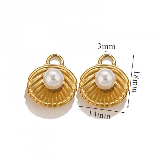 Picture of 1 Piece Eco-friendly PVD Vacuum Plating 304 Stainless Steel Charms 18K Gold Plated White Shell Shell Imitation Pearl 18.5mm x 14mm