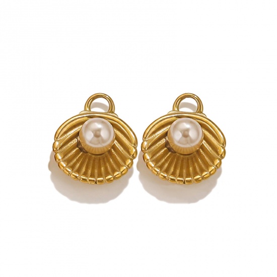 Picture of 1 Piece Eco-friendly PVD Vacuum Plating 304 Stainless Steel Charms 18K Gold Plated Champagne Shell Shell Imitation Pearl 18.5mm x 14mm