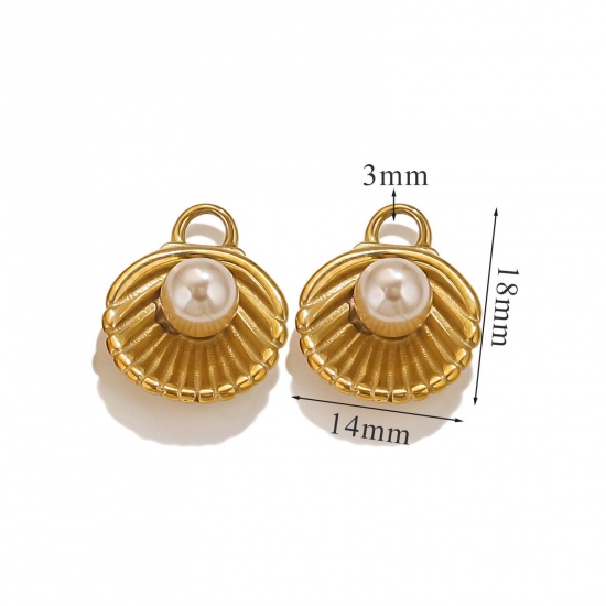 Picture of 1 Piece Eco-friendly PVD Vacuum Plating 304 Stainless Steel Charms 18K Gold Plated Champagne Shell Shell Imitation Pearl 18.5mm x 14mm