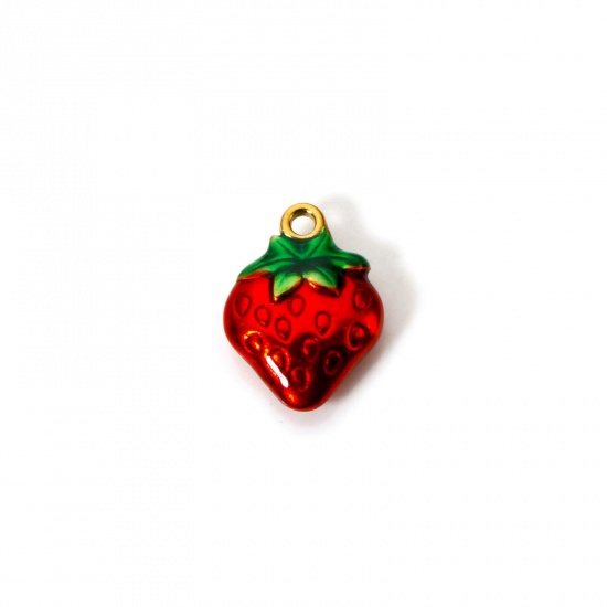 Picture of 1 Piece Eco-friendly PVD Vacuum Plating 304 Stainless Steel Charms 18K Gold Plated Red Strawberry Fruit Enamel 15mm x 11mm