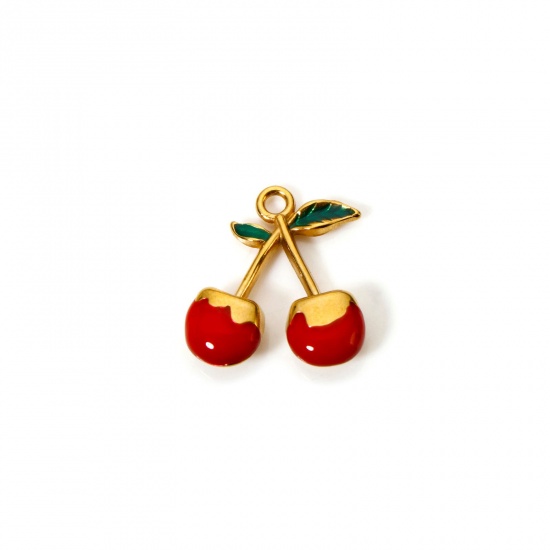 Picture of 1 Piece Eco-friendly PVD Vacuum Plating 304 Stainless Steel Charms 18K Gold Plated Red Cherry Fruit Enamel 18.5mm x 16mm