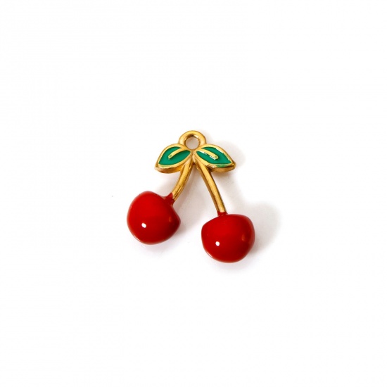 Picture of 1 Piece Eco-friendly PVD Vacuum Plating 304 Stainless Steel Charms 18K Gold Plated Red Cherry Fruit Enamel 15mm x 15mm