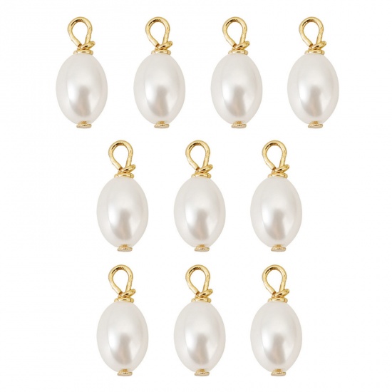 Picture of 10 PCs Brass & Acrylic Charms 18K Gold Plated White Barrel Imitation Pearl 8mm x 6mm