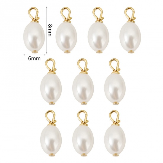 Picture of 10 PCs Brass & Acrylic Charms 18K Gold Plated White Barrel Imitation Pearl 8mm x 6mm