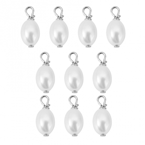 Picture of 10 PCs Brass & Acrylic Charms Platinum Plated White Barrel Imitation Pearl 8mm x 6mm