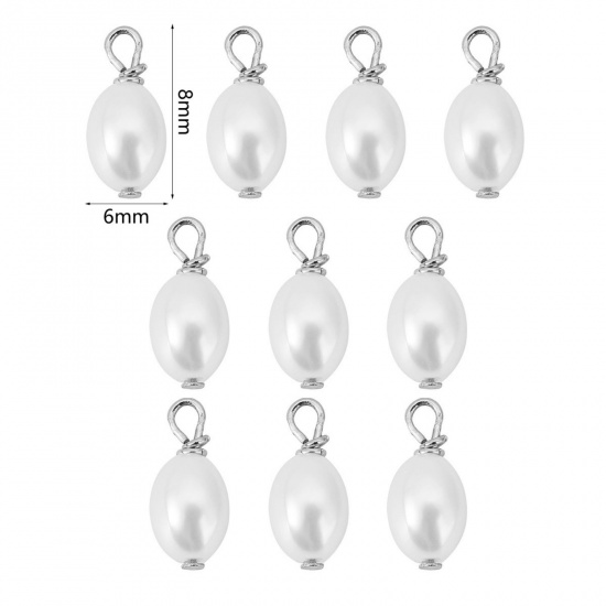 Picture of 10 PCs Brass & Acrylic Charms Platinum Plated White Barrel Imitation Pearl 8mm x 6mm