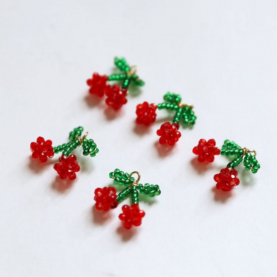 Imagen de 2 PCs Iron Based Alloy & Glass Crochet Knitted Weaving Charms Gold Plated Red & Green Cherry Fruit 16mm x 15mm