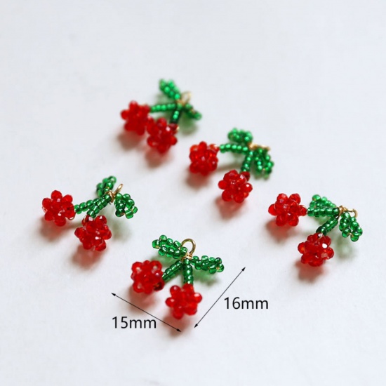 Imagen de 2 PCs Iron Based Alloy & Glass Crochet Knitted Weaving Charms Gold Plated Red & Green Cherry Fruit 16mm x 15mm