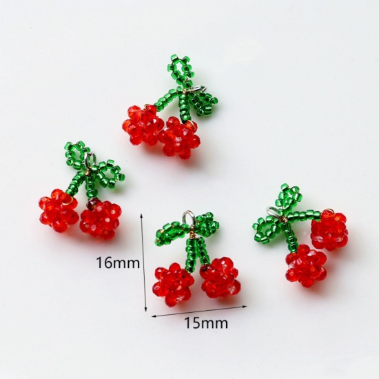 Imagen de 2 PCs Iron Based Alloy & Glass Crochet Knitted Weaving Charms Silver Tone Red & Green Cherry Fruit 16mm x 15mm