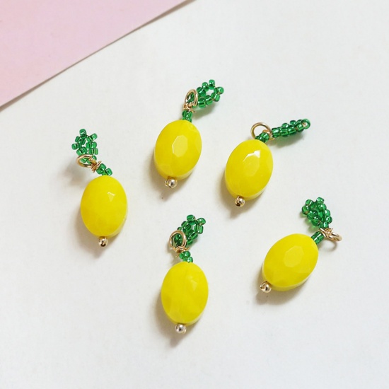 2 PCs Iron Based Alloy & Glass Crochet Knitted Weaving Charms Green & Yellow Lemon 23mm x 9mm の画像