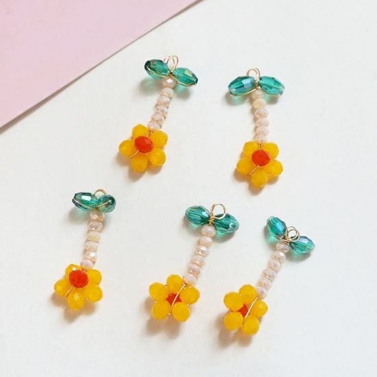 Picture of 2 PCs Iron Based Alloy & Glass Crochet Knitted Weaving Charms Green & Yellow Flower 27mm x 13mm