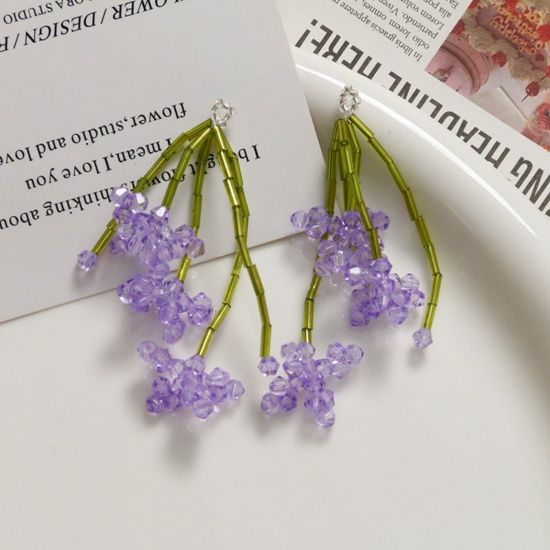 Picture of 2 PCs Iron Based Alloy & Glass Crochet Knitted Weaving Pendants Purple & Green Flower 6cm x 2cm