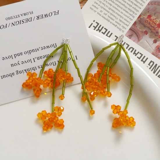 Picture of 2 PCs Iron Based Alloy & Glass Crochet Knitted Weaving Pendants Green & Orange Flower 6cm x 2cm