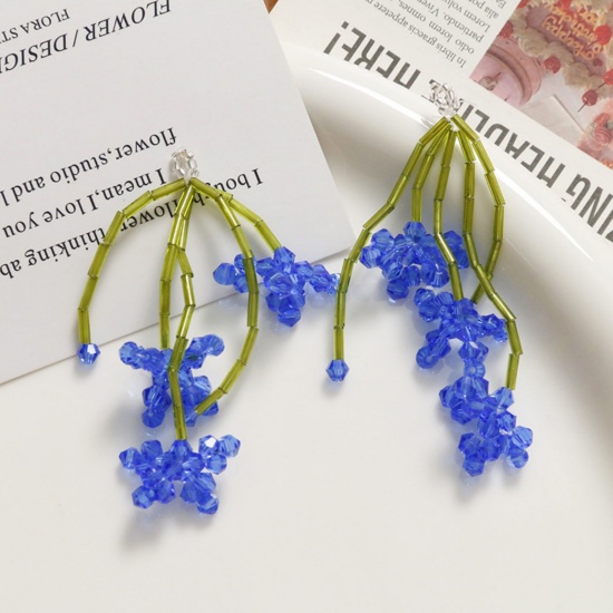 Picture of 2 PCs Iron Based Alloy & Glass Crochet Knitted Weaving Pendants Blue & Green Flower 6cm x 2cm