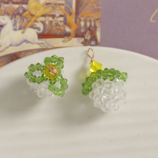 Imagen de 2 PCs Iron Based Alloy & Glass Crochet Knitted Weaving Charms White & Green Fruit 28mm x 21mm