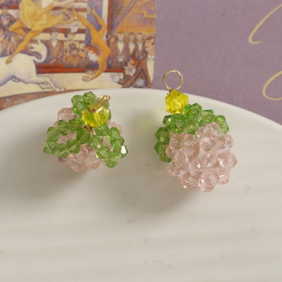 Imagen de 2 PCs Iron Based Alloy & Glass Crochet Knitted Weaving Charms Pink & Green Fruit 28mm x 21mm