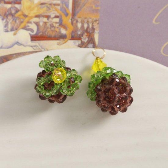 Imagen de 2 PCs Iron Based Alloy & Glass Crochet Knitted Weaving Charms Purple & Green Raspberry Fruit 28mm x 21mm