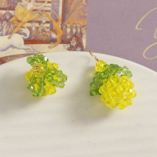 Imagen de 2 PCs Iron Based Alloy & Glass Crochet Knitted Weaving Charms Green & Yellow Lemon 28mm x 21mm