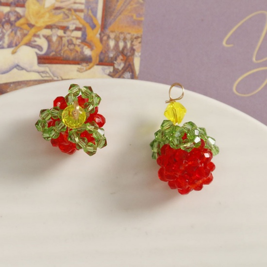 Imagen de 2 PCs Iron Based Alloy & Glass Crochet Knitted Weaving Charms Red & Green Strawberry Fruit 28mm x 21mm