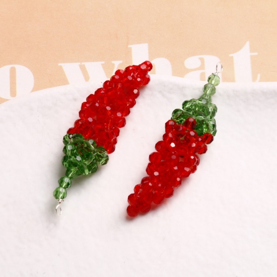 Imagen de 2 PCs Iron Based Alloy & Glass Crochet Knitted Weaving Pendants Red & Green Chili 4.9cm x 1.3cm