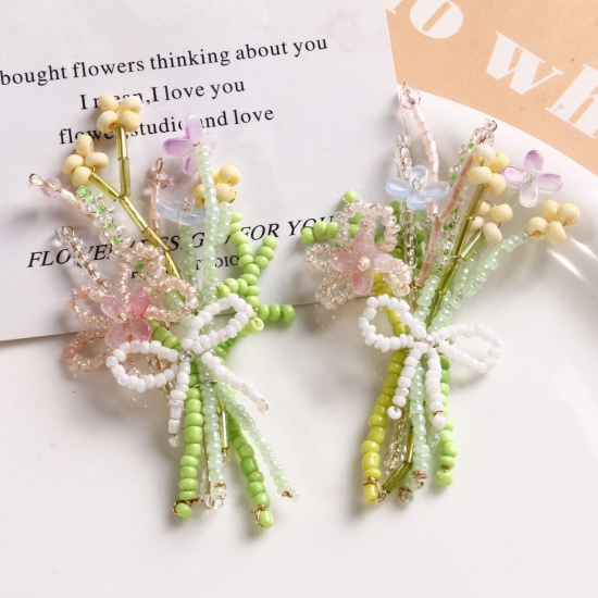 Picture of 1 Piece Iron Based Alloy & Glass Crochet Knitted Weaving Pendants Multicolor Flower 8.4cm x 4.9cm