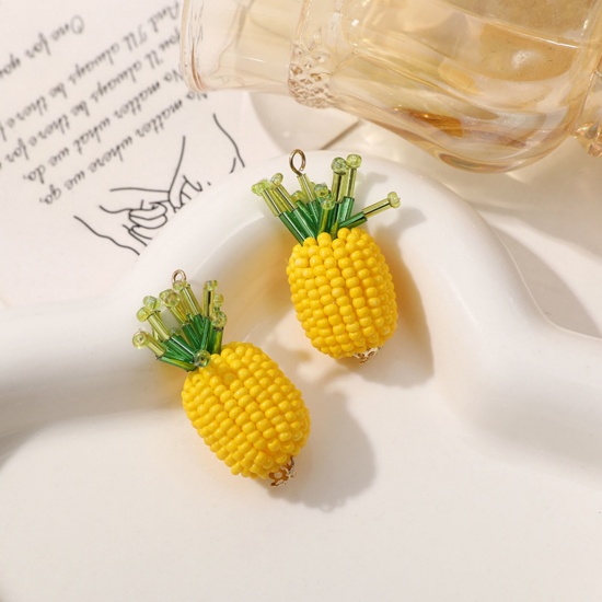 Imagen de 2 PCs Iron Based Alloy & Glass Crochet Knitted Weaving Pendants Green & Yellow Pineapple/ Ananas Fruit 3.4cm x 1.7cm