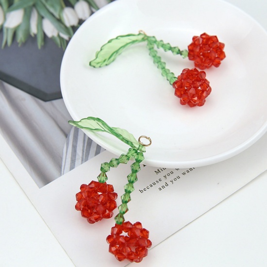 Imagen de 2 PCs Iron Based Alloy & Glass Crochet Knitted Weaving Pendants Red & Green Cherry Fruit 5.8cm x 2cm