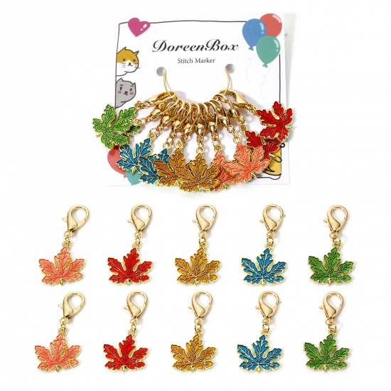 Picture of 1 Set ( 10 PCs/Set) Zinc Based Alloy & Iron Based Alloy Clip On Charms For Vintage Charm Bracelets Knitting Stitch Markers Maple Leaf Gold Plated Multicolor Enamel 4.1cm x 2cm