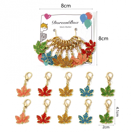 Picture of 1 Set ( 10 PCs/Set) Zinc Based Alloy & Iron Based Alloy Clip On Charms For Vintage Charm Bracelets Knitting Stitch Markers Maple Leaf Gold Plated Multicolor Enamel 4.1cm x 2cm