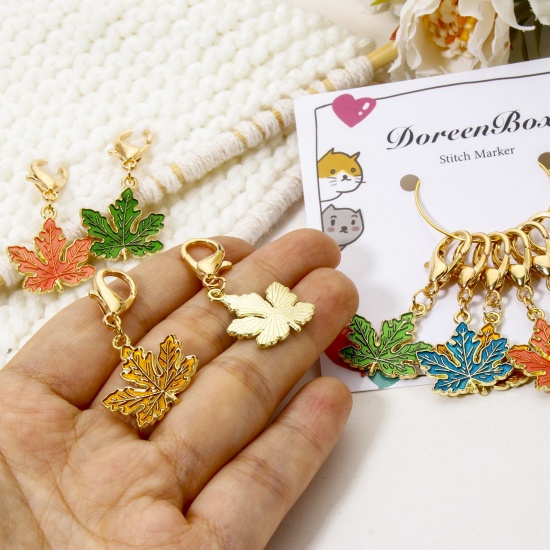 Picture of 1 Set ( 10 PCs/Set) Zinc Based Alloy & Iron Based Alloy Clip On Charms For Vintage Charm Bracelets Knitting Stitch Markers Maple Leaf Gold Plated Multicolor Enamel 4.1cm x 2cm