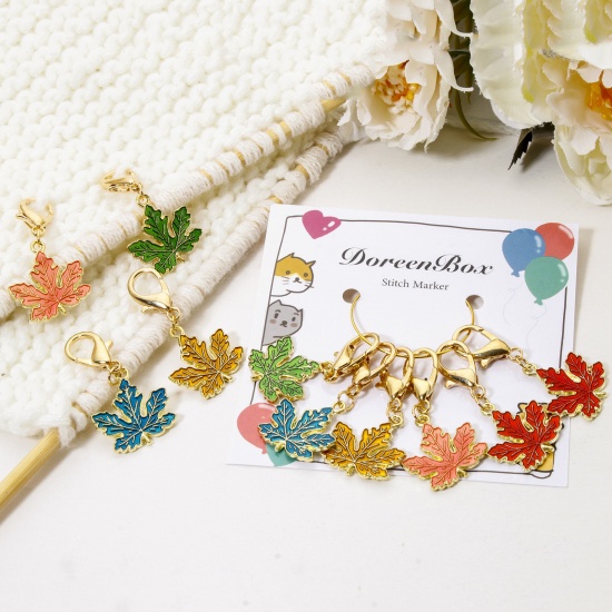 Picture of 1 Set ( 10 PCs/Set) Zinc Based Alloy & Iron Based Alloy Clip On Charms For Vintage Charm Bracelets Knitting Stitch Markers Maple Leaf Gold Plated Multicolor Enamel 4.1cm x 2cm