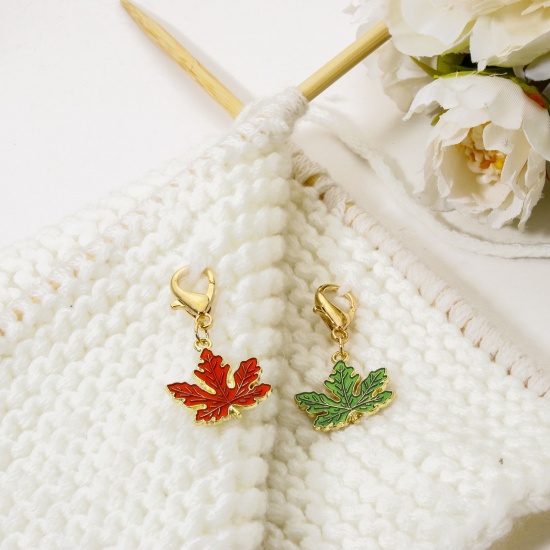 Picture of 1 Set ( 10 PCs/Set) Zinc Based Alloy & Iron Based Alloy Clip On Charms For Vintage Charm Bracelets Knitting Stitch Markers Maple Leaf Gold Plated Multicolor Enamel 4.1cm x 2cm